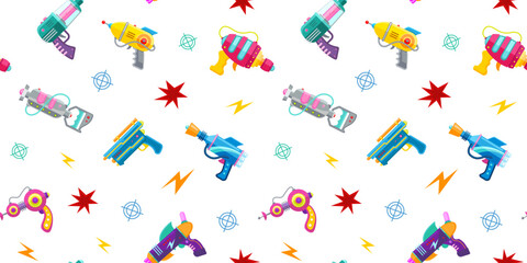 Vector pattern with blasters. Seamless pattern.Vector illustration of blasters. Special weapon. Children's pattern for textile products, stationery. Pattern for the interior. - obrazy, fototapety, plakaty