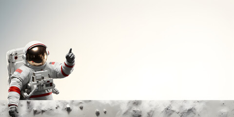 Astronaut indicates with finger at blank space on a banner, place for advertising or message, proposition product placement on white background, copy space, generate ai
