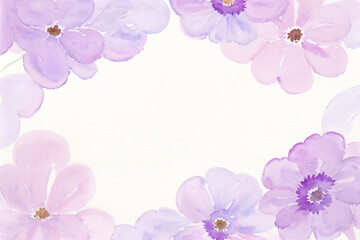 Soft purple watercolor style flowers form a border around a white background.