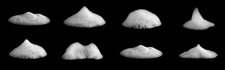 Set Foam texture, white bubbles from soap or shampoo or shower gel and facial foam. isolated on black background