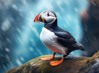 Atlantic puffin bird standing on the rock over the sea