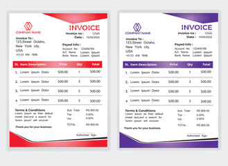 Business Minimal Corporate Invoice design template vector illustration bill form price . Creative template and stationery design payment agreement design template Cash Memo, Vector Quotation Design