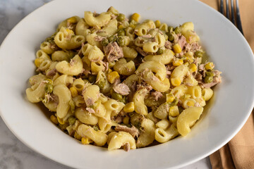 tuna macaroni salad  with corn and peas