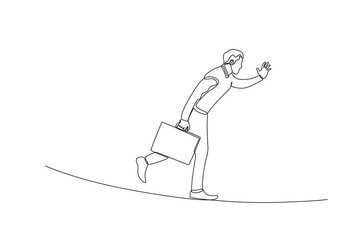 A business man walks a tightrope obstacle course. Work obstacle one-line drawing
