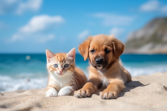 Cute cat and dog enjoying summer on the beach
