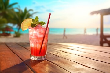 red cocktail on a wooden table, beach blurry background