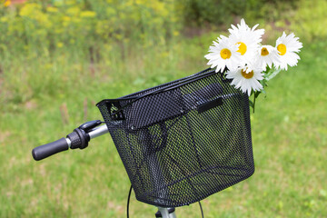 Bicycle metal black basket with white daisies