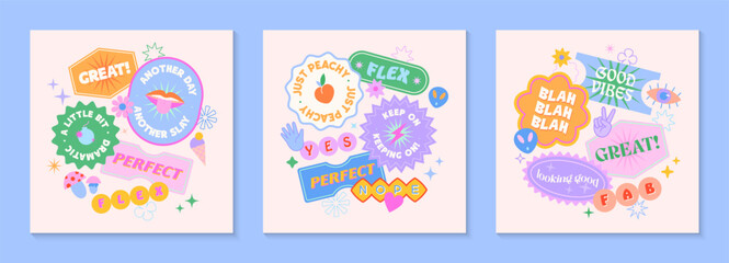 Vector set of cute templates with patches and stickers in 90s style.Modern symbols in y2k aesthetic with text.Trendy funky designs for banners,social media marketing,branding,packaging,covers