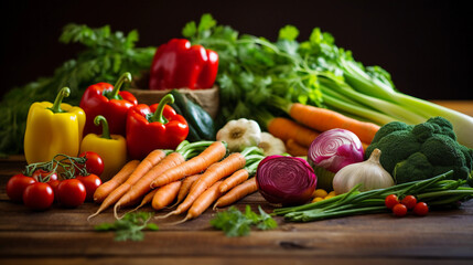 A hyper - realistic image of a medley of fresh, organic, and colorful vegetables: rainbow carrots, leafy greens, and vibrant peppers, beautifully arranged on a rustic wooden table