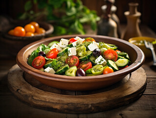 A lush, crisp image of a Mediterranean - style salad with olives, feta, tomatoes and cucumbers, tossed in olive oil, sitting on a rustic wooden table, natural light - Powered by Adobe