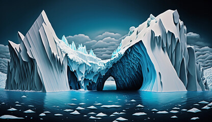 A melting glacier, high contrast, ultra - realistic, chilling blue and white hues, floating icebergs, the stark beauty of the polar landscape, global warming impact