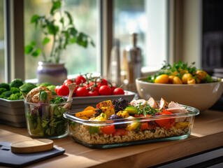 A meal prep scene, variety of healthy meals in containers, colorful vegetables, lean proteins, whole grains, shot on a wooden table, vintage feel