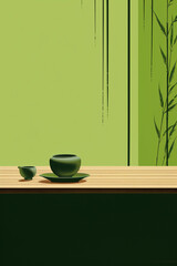A minimalist Japanese ukiyo - e style woodblock print of a matcha tea ceremony, with the vibrant green of the tea standing out against the simple, clean lines of the scene