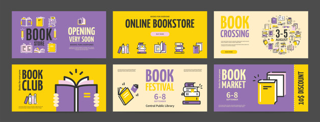 Bookstore, Club, Festival and Market Horizontal Placard Poster Banner Card Template Set. Vector illustration of Book Store