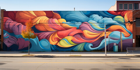 A wall mural on a busy street, vibrant colors and bold brushstrokes, displaying an abstract representation of unity and community - obrazy, fototapety, plakaty