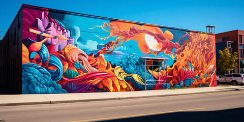 A wall mural on a busy street, vibrant colors and bold brushstrokes, displaying an abstract representation of unity and community
