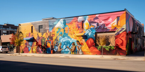 A wall mural on a busy street, vibrant colors and bold brushstrokes, displaying an abstract representation of unity and community