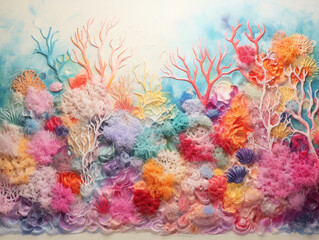 Abstract representation of the life cycle of a coral reef, with a riot of colors depicting the biodiversity, degraded over time to a bleached white, vivid colors to pastels, visible effects of climate