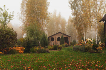 autumn garden view with tiny wooden country house. Foggy october day in natural wild garden with green lawn.