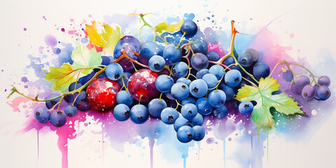 Abstract watercolor painting of acai berries, vibrant purples and blues, splashes of color creating an energetic display of superfoods, impressionistic