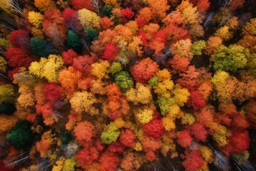 Fototapeta na wymiar Aerial drone shot of a dense forest in autumn, vibrant foliage colors creating an abstract palette, shot on a DJI Inspire 2, at noon, polarizing filter