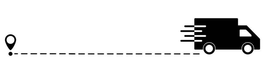 Truck fast delivery with location pin. Car silhouette driving on dotted path. Travel destination symbol. Vector illustration isolated on white.