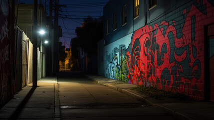 An alleyway brought to life by intricate street art, punctuated by a lone, retro - styled street lamp, casting long shadows. Night scene, ambient city light
