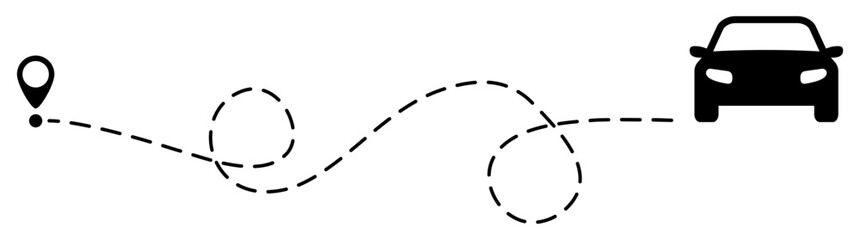 Car route with location pin icon. Automobile silhouette driving on dotted path. Journey and travel concept. Vector illustration isolated on white.