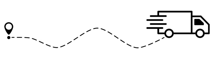 Truck fast delivery with location pin. Car silhouette driving on dotted path. Travel destination symbol. Vector illustration isolated on white.