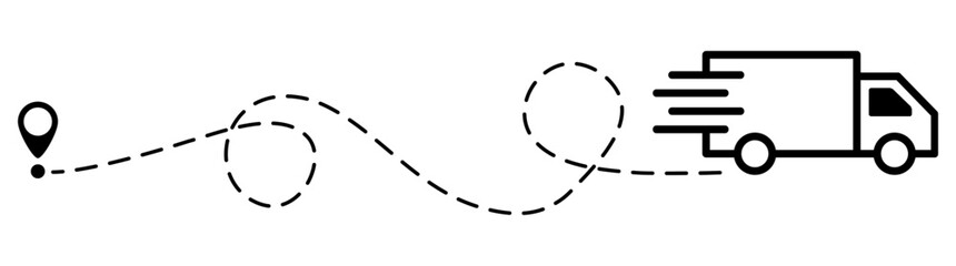 Truck fast delivery with location pin. Car silhouette driving on dotted path. Travel destination symbol. Vector illustration isolated on white.