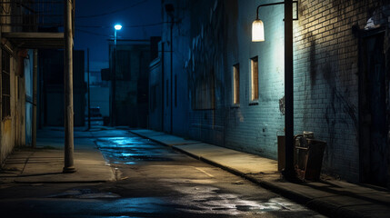 Fototapeta premium An alleyway brought to life by intricate street art, punctuated by a lone, retro - styled street lamp, casting long shadows. Night scene, ambient city light