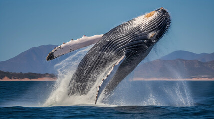 An awe - inspiring, photorealistic shot of a blue whale breaching the surface of the ocean, a triumph for endangered marine species conservation - obrazy, fototapety, plakaty