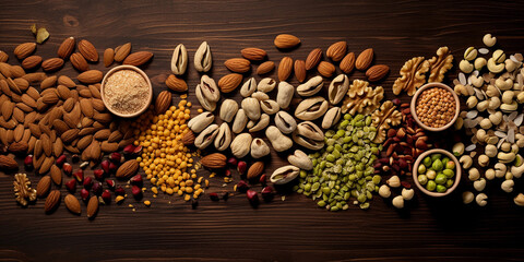 Artistic flat lay of assorted nuts and seeds, on a teakwood table, top view, textural contrast