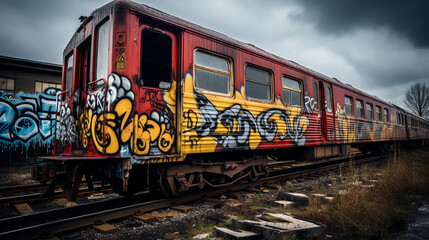 Fototapeta premium An intricately detailed graffiti masterpiece on a train car, striking contrast of bold colors against rusty metal. Industrial setting, overcast daylight
