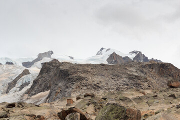 Panorama view with mountain summit Nordend (left) and Dufourspitze (right) in mountain massif Monte...