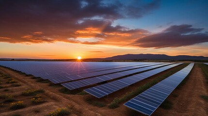 sunset over solar panels
