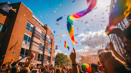 Colorful pride parade, midday, rainbow flags waving in the wind, jubilant crowd, cityscape background, vibrant colors, confetti falling