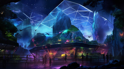 Concept art of a high - tech wildlife sanctuary, futuristically designed, protecting a variety of endangered animals, illuminated with neon lighting, juxtaposition of nature and technology