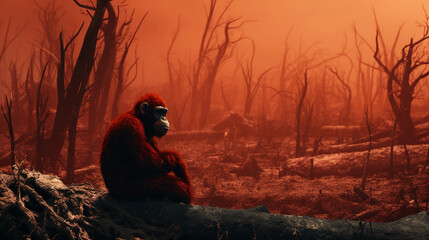 Conceptual 3D render of deforestation impact, a solitary orangutan in the remnants of a burnt rainforest, visualizing loss of habitat, dramatic mood, monochromatic color scheme with emphasis on red an