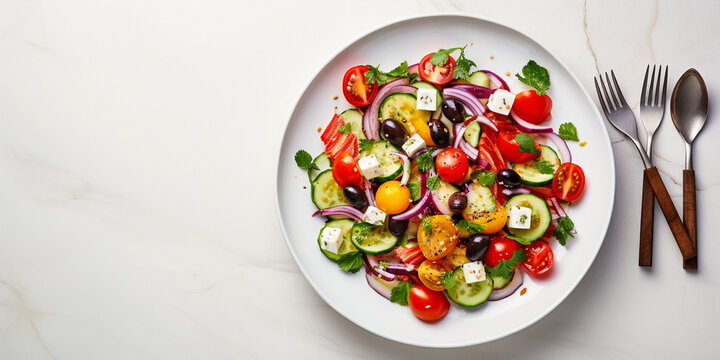 Close - up, hyper - realistic image of a vibrant, freshly prepared Greek salad with a shining silver fork, served on a white ceramic plate
