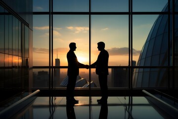 Silhouettes of two businessmen shaking hands after the deal is done. They are in a skyscraper with great city views in the background. Setting sun. Generative AI.