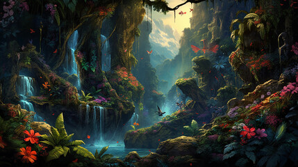 Fototapeta na wymiar Digital illustration of a thriving biodiverse rainforest in full bloom, showcasing a waterfall cascading down a mossy cliff, vibrant foliage of all shapes and sizes, a menagerie of exotic wildlife suc