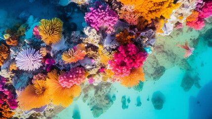 Drone perspective of the Great Barrier Reef, vibrant undersea colors, coral clusters, abstract patterns, midday, shot on DJI Mavic Air 2S, polarizing filter