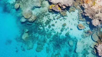 Drone perspective of the Great Barrier Reef, vibrant undersea colors, coral clusters, abstract patterns, midday, polarizing filter