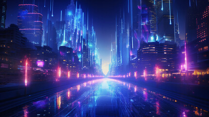 Futuristic cityscape with data streams flowing like a river, architectural structures resembling computer servers, protection shields floating as balloons, neon vibrant colors