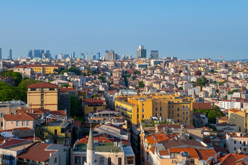 Obraz premium Beyoglu and Besiktas historic district aerial view from top of Galata Tower in historic city of Istanbul, Turkey. 