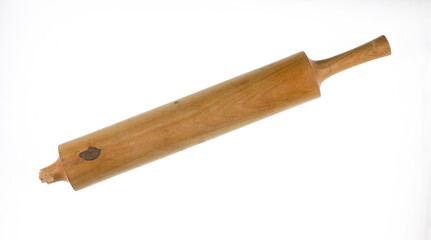 broken wooden rolling pin isolated on white background