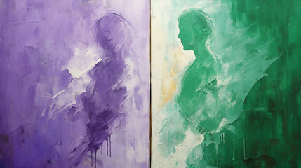 Genderqueer pride: Conceptual art, juxtaposition of traditionally masculine and feminine symbols in harmony, lavender, white, and green color scheme, acrylic paint texture