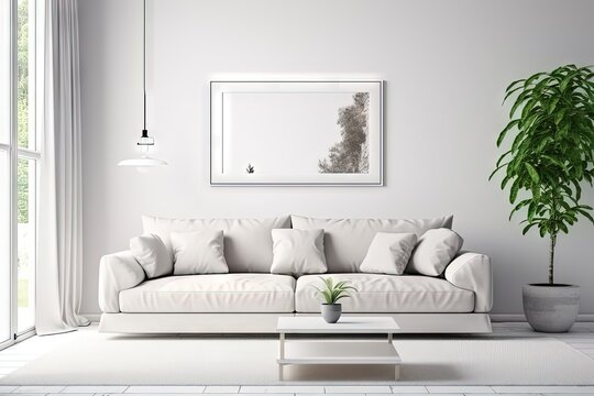Poster frame in minimal Scandinavian white style living room interior, modern living room interior background
