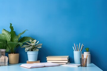 Desk with notebooks, plants and office supplies isolated on blue wall. Workspace and study space created with Generative Ai Technology